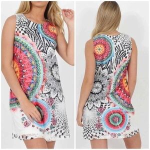 Fleur De Lis Mandala Print Lace Overlay Shift Dress